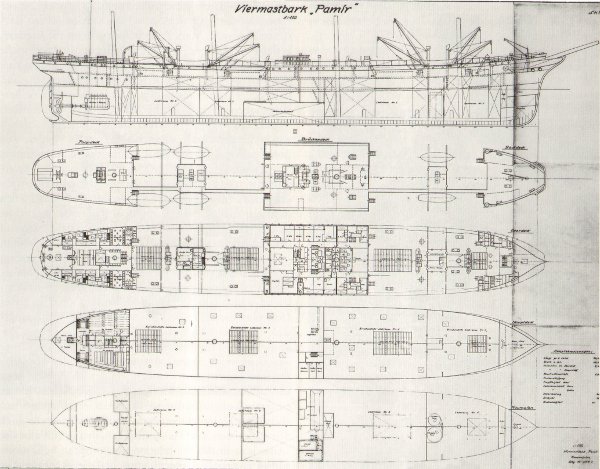 Rizeichnung und Decksaufsichten der Pamir (aus Karl-Otto Dummer:  Viermastbark Pamir )