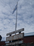 Die Argentinische Flagge vor der Antarktisstation Almirante Brown