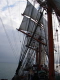 Die Sedov hoch am Wind unter Mars- und Stengestagsegeln